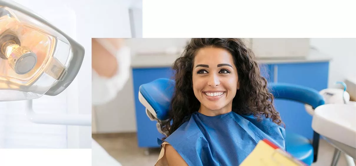 Woman smiling in operatory chair. Inset photo of chair light.